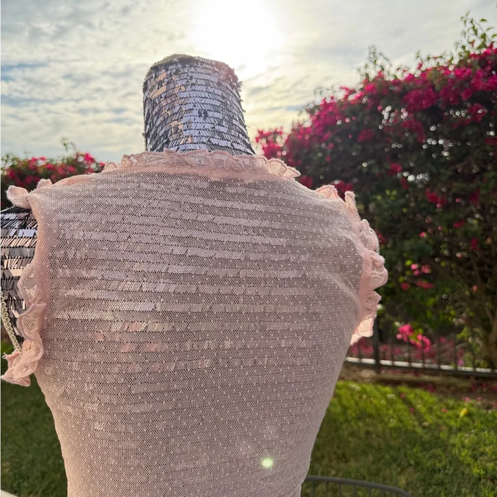 Vintage Pink Sheer Ruffle Button-Down Top - Picture 4 of 5